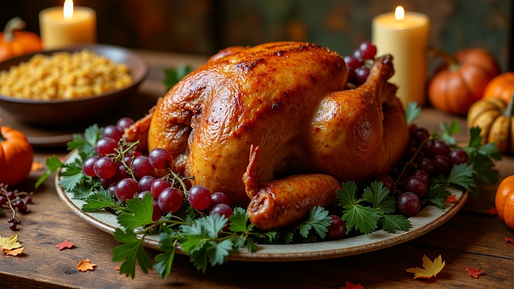 Golden brown 20 pound roast turkey on platter with grapes, parsley, and a bowl of cornbread dressing