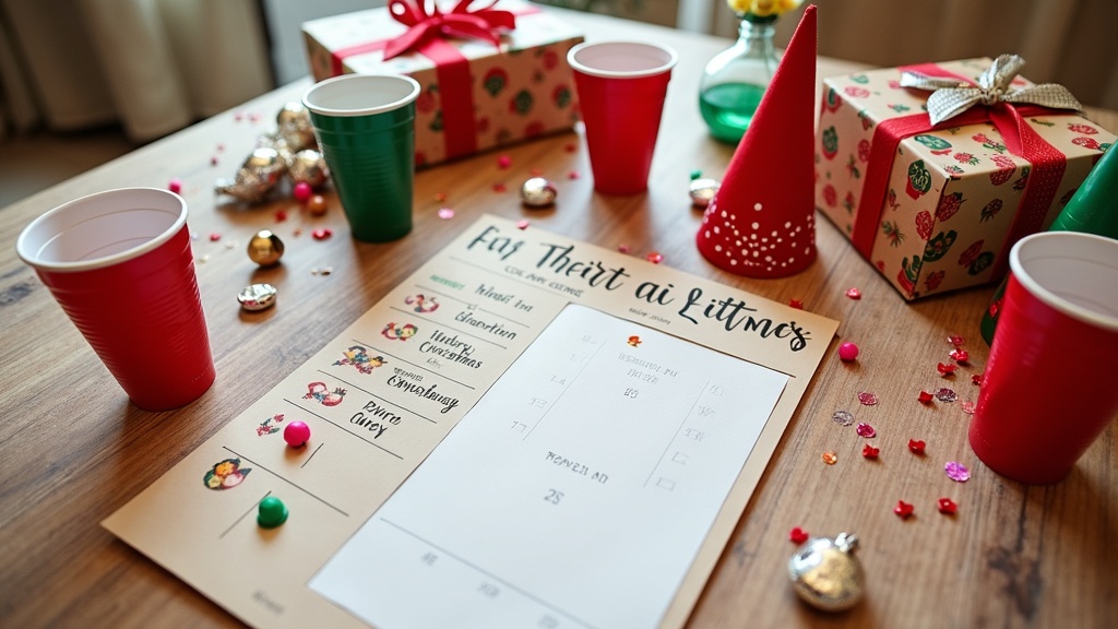 Table with craft supplies, colorful cups, hats, and bandanas for party games. Snowflake confetti and small gifts in the background.