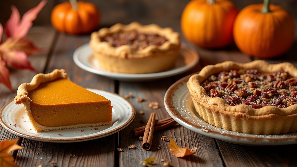 A colorful display of Thanksgiving desserts including pumpkin pie, pecan pie, and apple crisp on a harvest-themed table with autumn leaves and rustic plates.