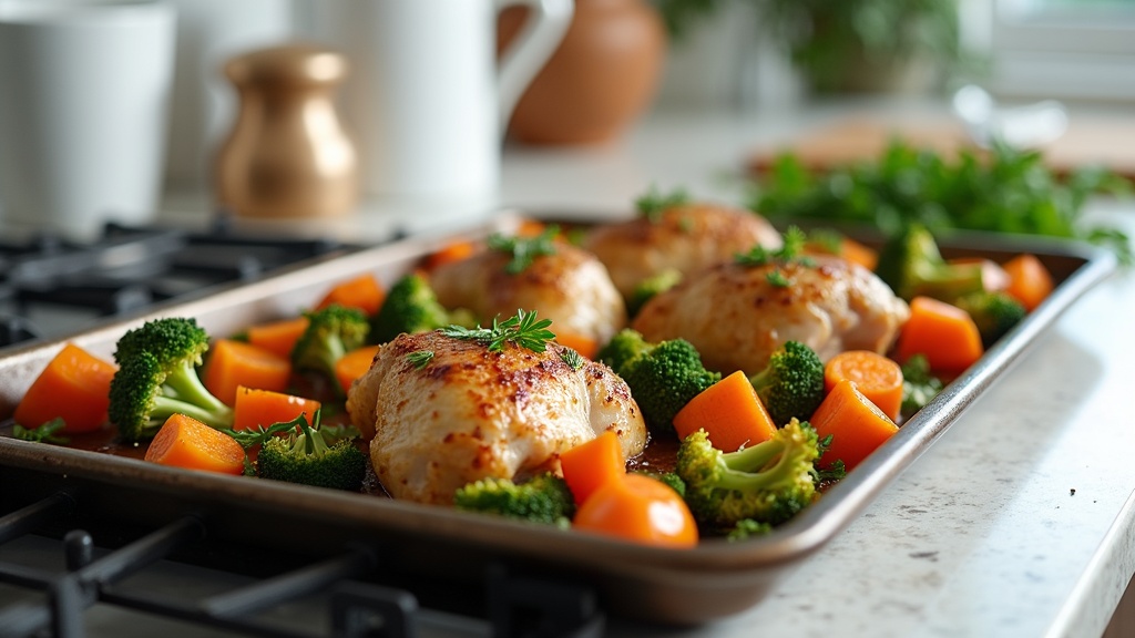 A colorful sheet pan dinner with chicken, potatoes, and assorted vegetables.