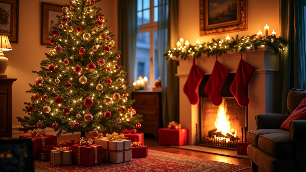 Beautifully decorated Christmas tree with colorful ornaments, twinkling lights, and gifts underneath in a festive living room.