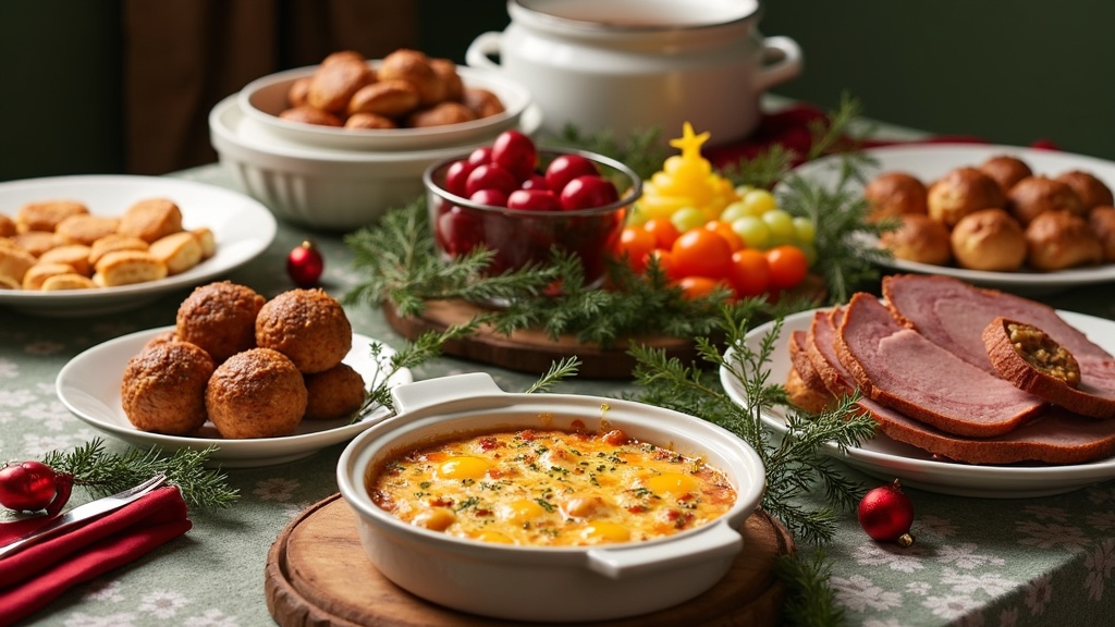 Christmas breakfast buffet with casserole, cinnamon rolls, fruit tray, and assorted drinks on a decorated table