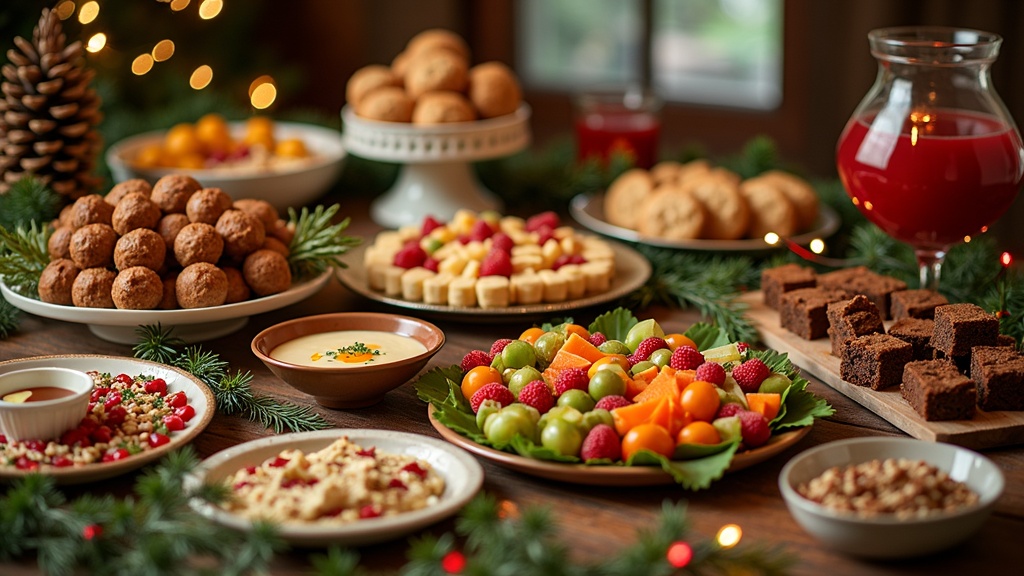 Festive Christmas open house food table including sausage balls, biscuits, cheese ring, fruit tray shaped as a tree, and holiday punch in a punch bowl.