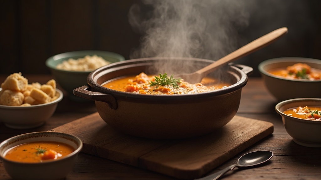 Pot of soup with bowls and ladle